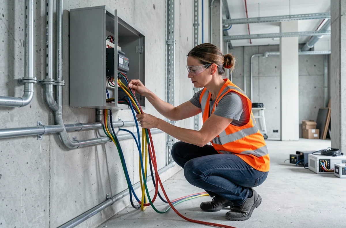 Technicienne en sécurité acheminant des câbles gainés dans un tableau électrique de bâtiment en rénovation