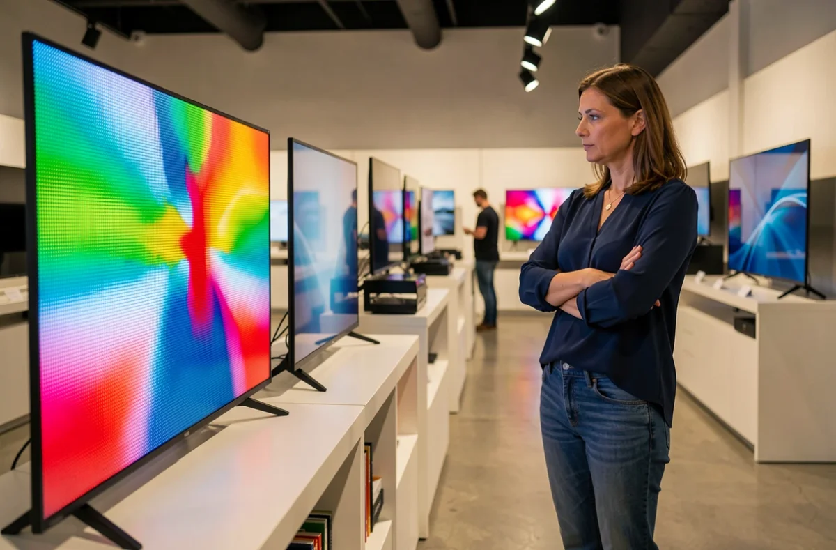 Femme comparant deux télévisions Mini LED et Micro LED dans un magasin d'électronique grand public