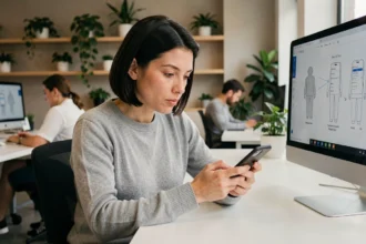 Femme testant une interface mobile dans un bureau moderne pour améliorer l'expérience utilisateur