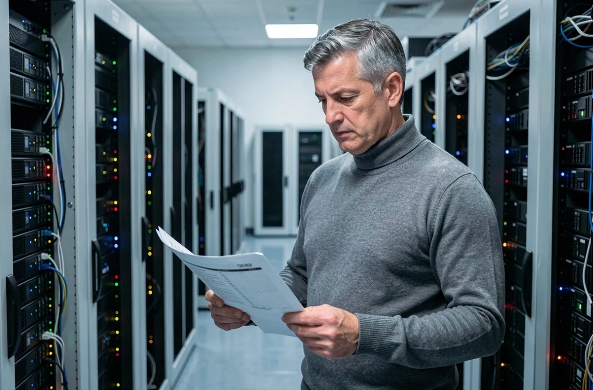 Homme examinant des rapports de données dans une salle de serveurs professionnelle entourée d'équipements informatiques