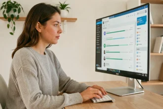 Femme transférant des données OneDrive sur un PC dans un bureau à domicile moderne