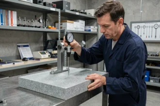 Ingénieur mécanicien vérifiant la planéité d'une surface avec un comparateur à cadran sur marbre de référence en laboratoire de métrologie