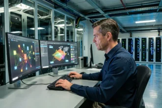 Ingénieur réseau analysant des diagrammes de virtualisation réseau sur deux écrans dans une salle d'opérations de centre de données moderne