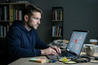 Homme travaillant sur un ordinateur portable affichant des avertissements de sécurité réseau et d'un VPN compromis
