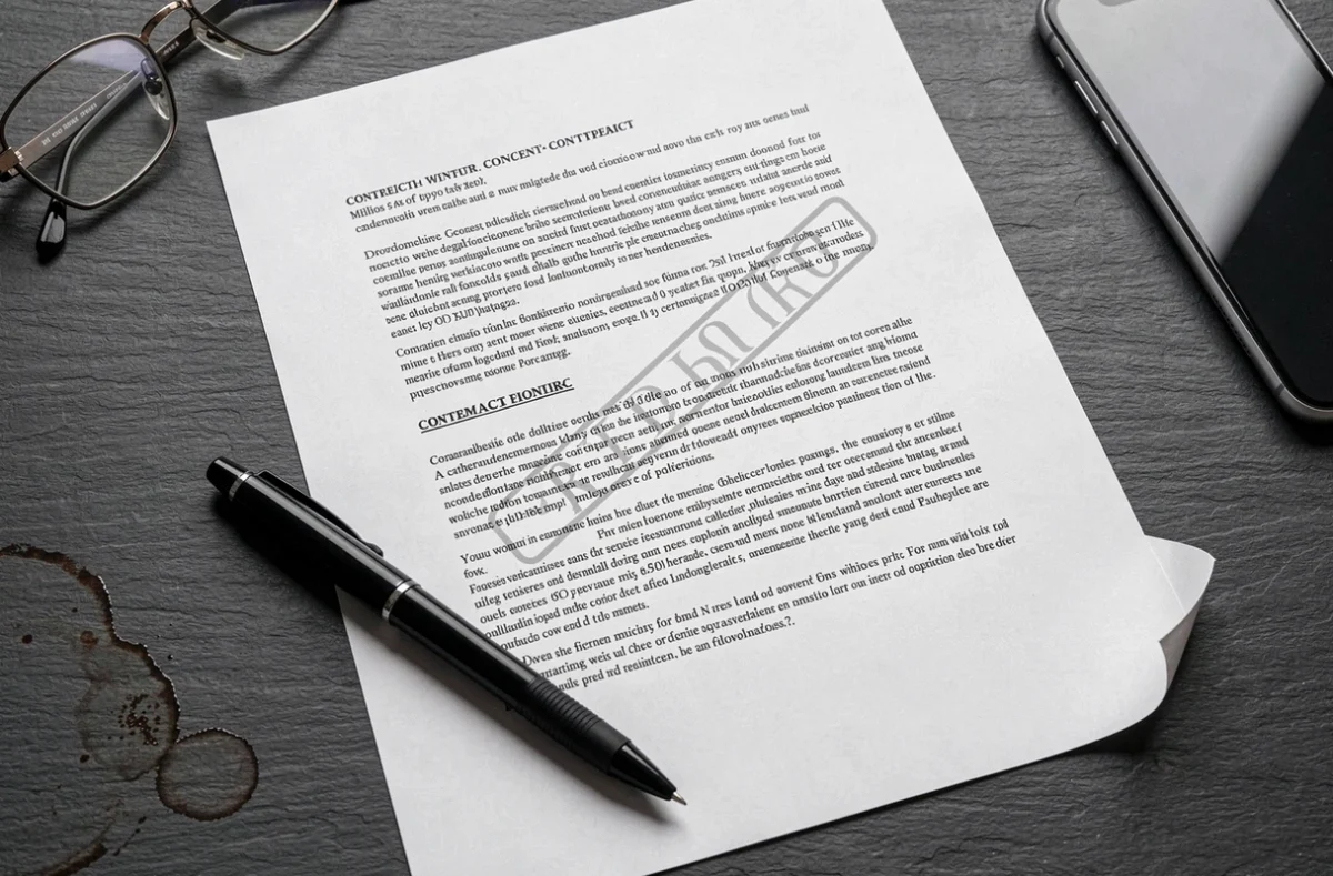 Vue aérienne d'un contrat imprimé avec filigrane diagonal sur un bureau ardoise avec stylo et lunettes