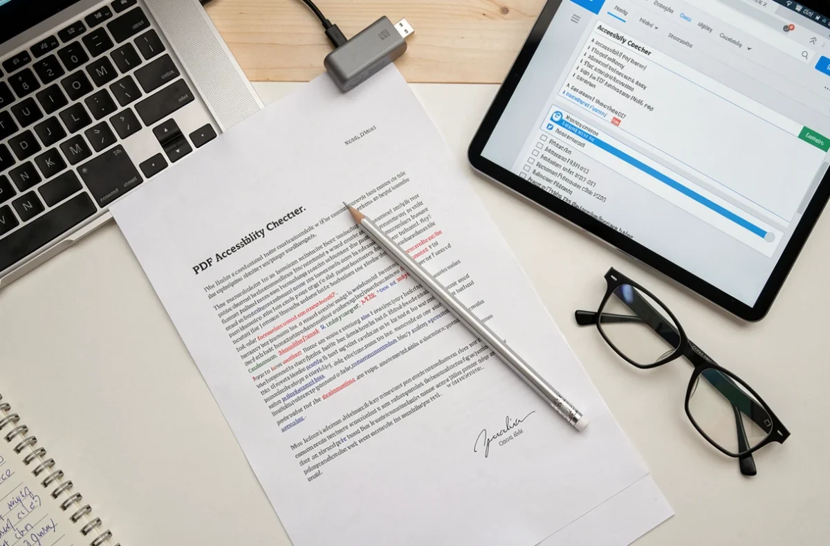 Vue aérienne d'un bureau avec un document imprimé et un écran affichant un vérificateur d'accessibilité PDF pour détecter l'OCR